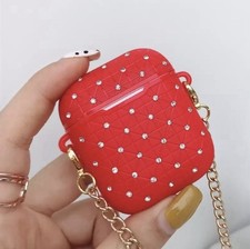 Christmas Stocking Stuffers - Red Case with Diamonds Chain Crossbody for AirPods