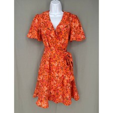 Draper James Dress Womens 2 Orange Mini Floral Wrap Ruffle Cottage Boho Tie