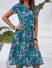 XXL US Size 14  Floral Tie Belt Midi Dress Short Sleeve Round Neck New Free Ship