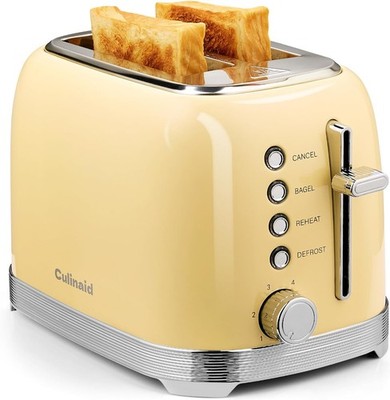 Retro Yellow 2 Slice Toaster Stainless Steel Wide Slot Bagel Defrost Reheat