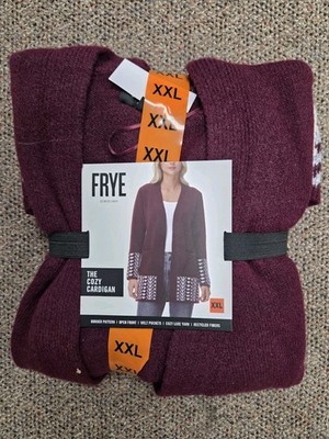 Frye Womens 2x XXL Extra Large Cozy Cardigan Border Maroon Oxblood Combo Sweater
