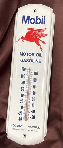 Mobil Motor Oil Gasoline Socony Vacuum Metal Wall Mount Thermometer 17'' x 5''