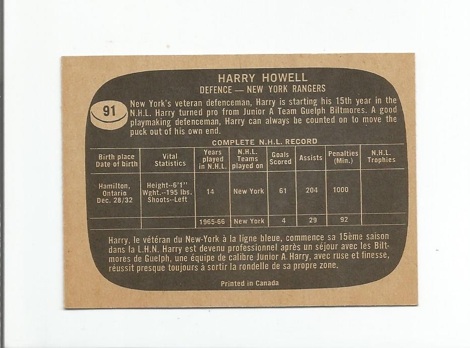 1966-67 HARRY HOWELL TOPPS HOCKEY CARD #91