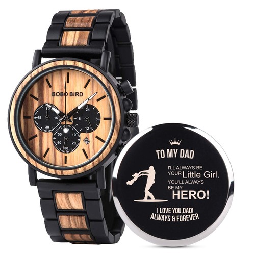 Mens Personalized Engraved Wooden Watches Stylish Wood & Stainless Steel Comb...