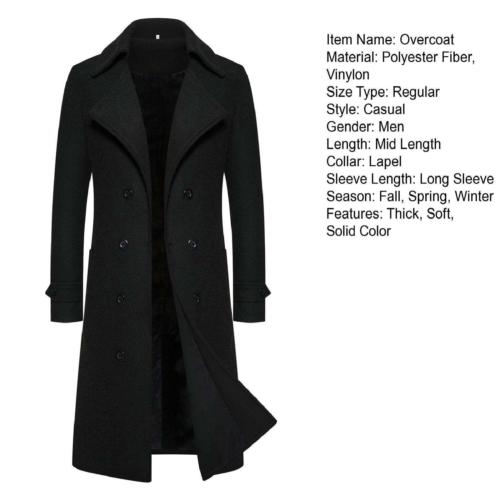 Winter Men Overcoat Solid Color Coat Doublebreasted Men's Mid Length