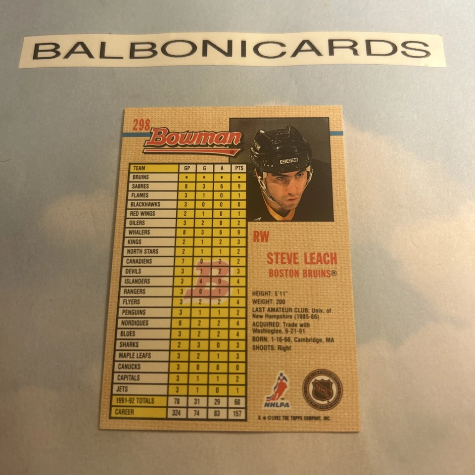 1992-93 Bowman Steve Leach #298 Boston Bruins NM+ Free Shipping! - Image 2 of 2