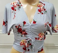 NWT  Love J Short Sleeve Plunge V-Neck White & Blue Striped Ruched Crop Shirt 