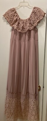 LOVE RICHE Tiered Maxi Dress Sz M (Measures Like) Lace Off Shoulder Mauvy Pink
