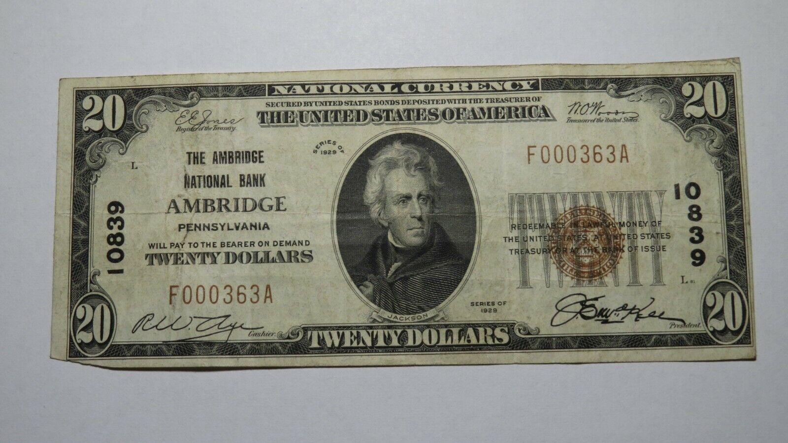 $20 1929 Ambridge Pennsylvania PA National Currency Bank Note Bi