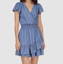 $155 Michael Kors Women's Blue Ruffle V Neck Smocked Wrap Mini Dress Size S