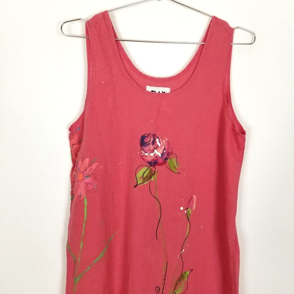 Maxi Vestido Lino Mujer Talla M Rosa Artístico Floral Sin Mangas Lagenlook Abertura Foto 2 de 4