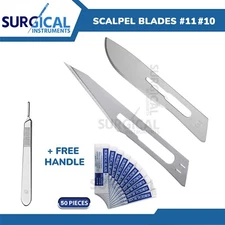 50 STERILE SURGICAL BLADES #10 #11 WITH FREE SCALPEL/BP HANDLE #3 Hi-Quality