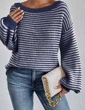 Women Striped Drop Shoulder Dropped Shoulder Casual Loose Knit Sweater For Autum