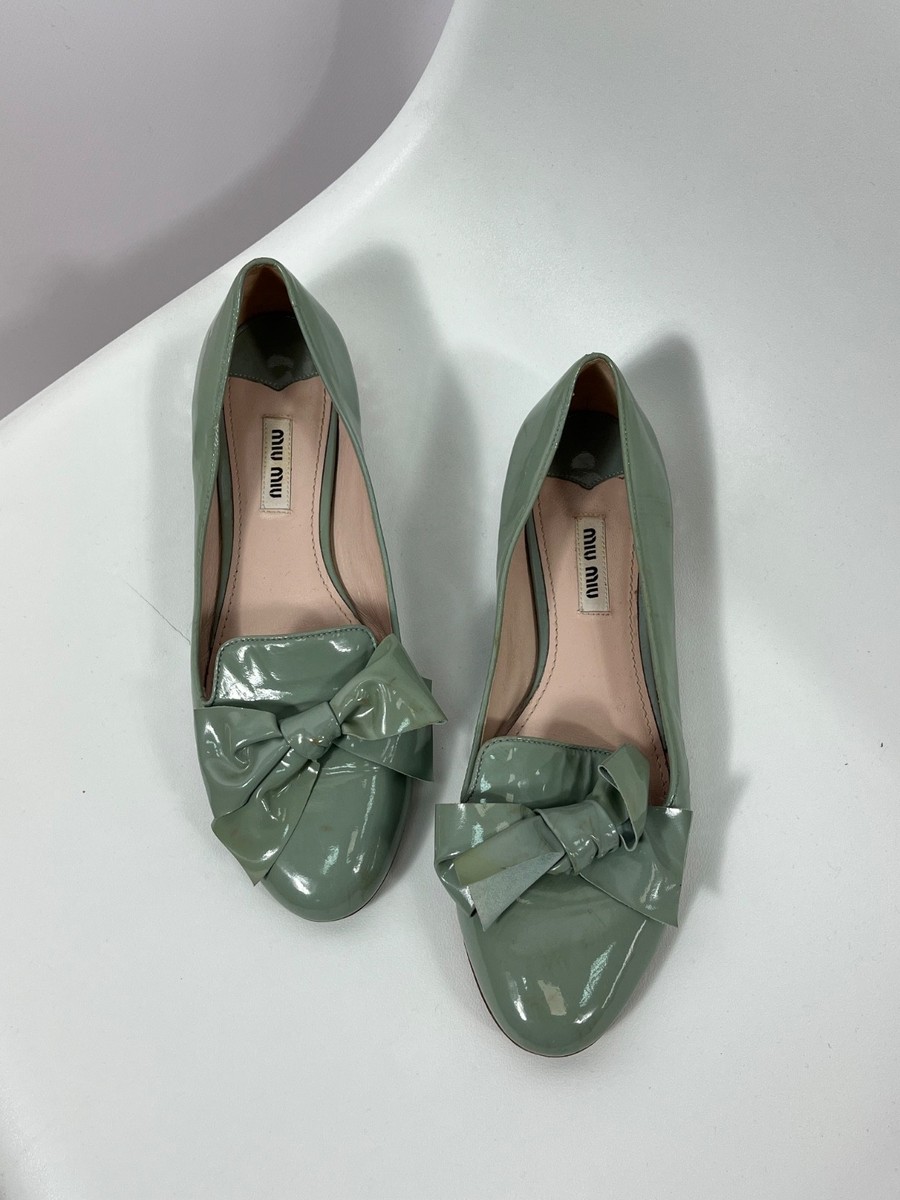 Miu Miu Patent Leather Bow Ballet Flats Sage Green Pumps Shoes EU