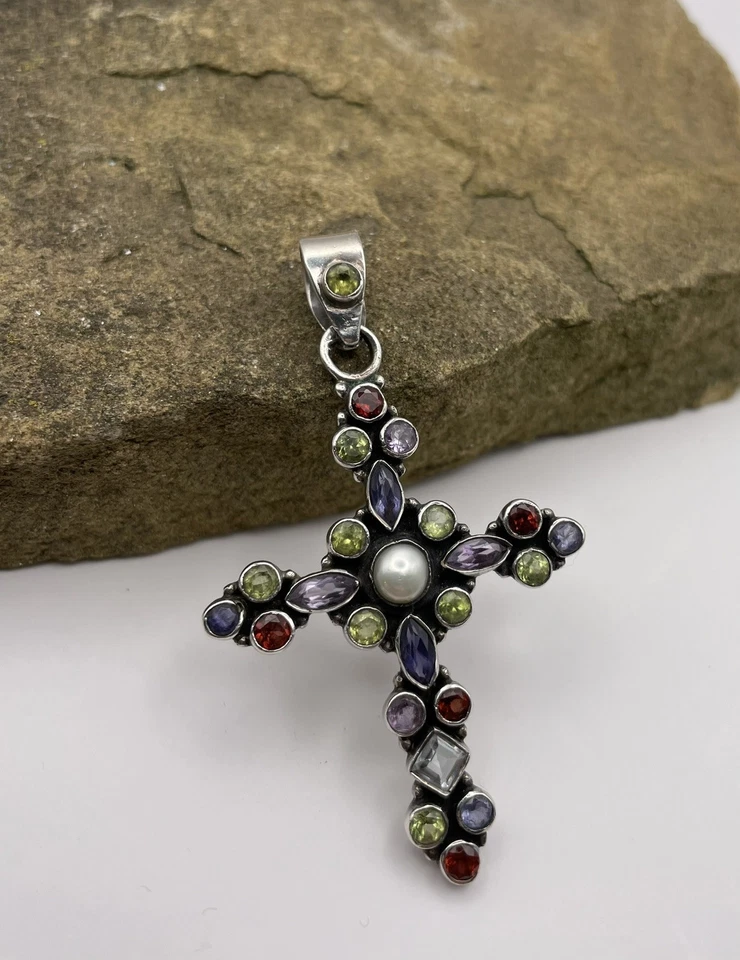 Stunning Large Sterling Silver Cross Pendant Multi Stones 5.5cm - Image 4 of 4