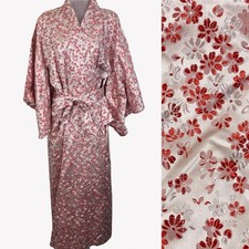 Vintage Japanese Kimono Robe One Size Red Floral Satin Wrap Japan