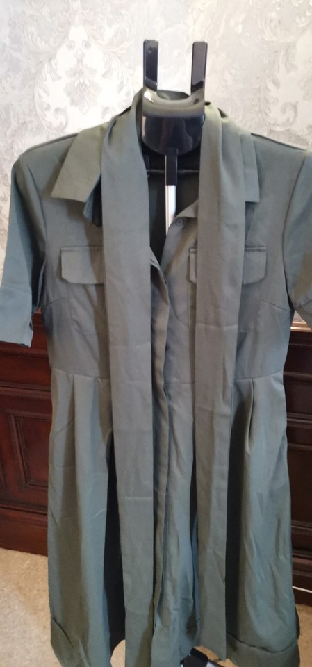 Kaywild Dress Womens L Khaki Green Shirt Dress Belted Short Sleeve Knee Length