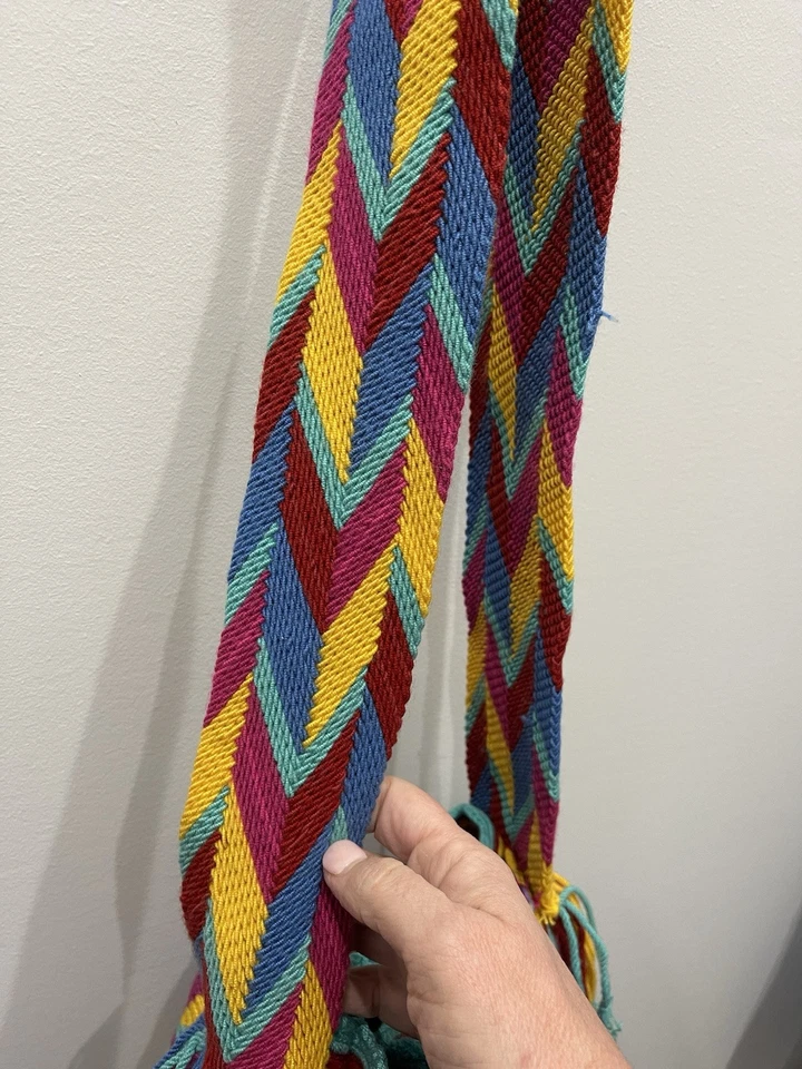 EUC Mochila Wayuu Woven Handmade Hobo Purse Satchel Bucket Bag Pompom Crossbody - Image 4 of 4