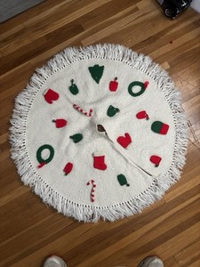 Christmas Tree Skirt Handmade Crocheted Vintage Candy cane Tree Glove Stocking