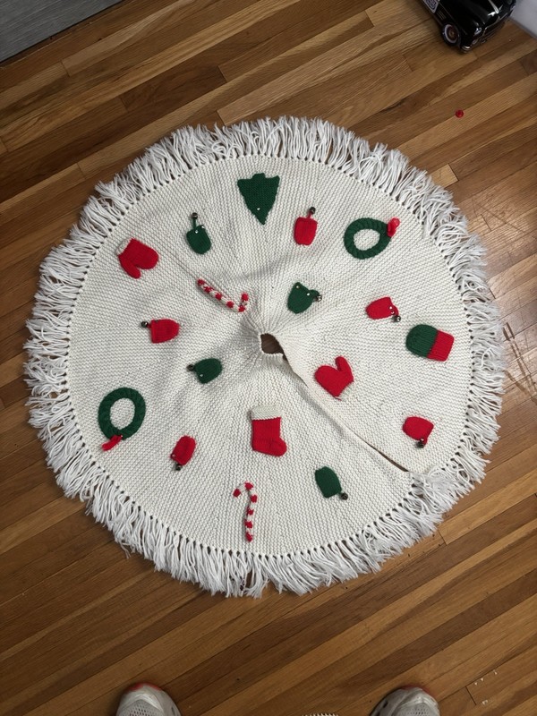 Christmas Tree Skirt Handmade Crocheted Vintage Candy cane Tree Glove Stocking