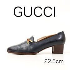 GUCCI Women's Loafers Bamboo Leather Navy EU35.5/US5.5 120702c