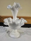 VTG Fenton White Milk Glass Epergne Vase Silver Crest Single Horn Ruffled Edge