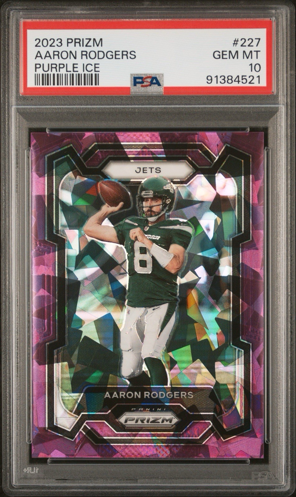 2023 Prizm Aaron Rodgers Purple Ice #92/225 Jets PSA 10
