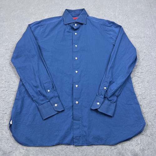 ISAIA Napoli Dress Shirt Men's 18-45 Blue Solid Long Sleeve Button Up Italy Made - Picture 6 of 13