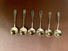 Russian Silver 875 Enamel Salt Spoons Set Of 6 Ladle Bowls 19.80 Grams