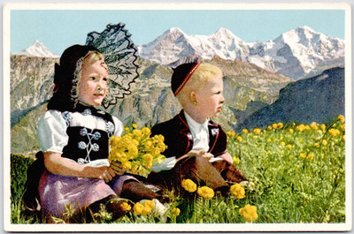 Switzerland Berner Oberländer Smock Tablier Children Jungfrau Flower 1930 PCard