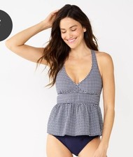 Draper James RSVP Womens X-Back Peplum Tankini Top Blue White Gingham Size 1X