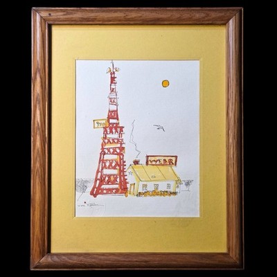 Original James Von Kohler WEBR Radio Station Buffalo Ny Drawing Atomic MCM Decor