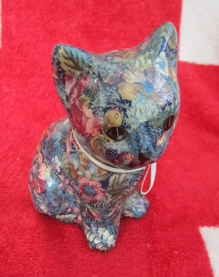 Vintage Decoupage Patchwork Floral China Sitting Cat Figurine 6'' Tall