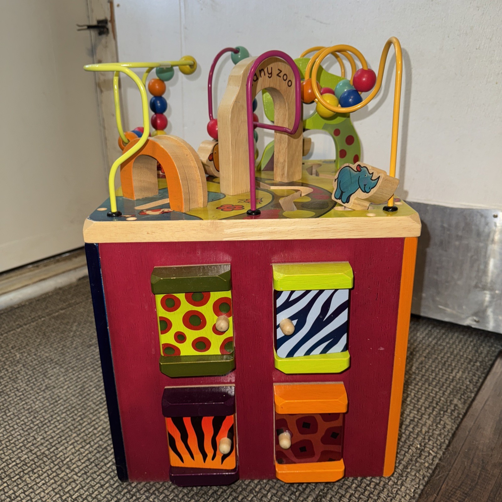 My Busy World ~ WOOD LEARNING ACTIVITY CUBE ~ Toy ~ABC’s , Matching , Pull Doors
