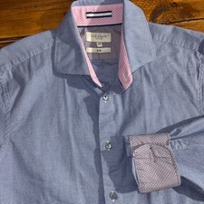 Ted Baker Slim Fit Shirt Men's Medium Blue Houndstooth 15 1/2 32/33 Flip Cuff