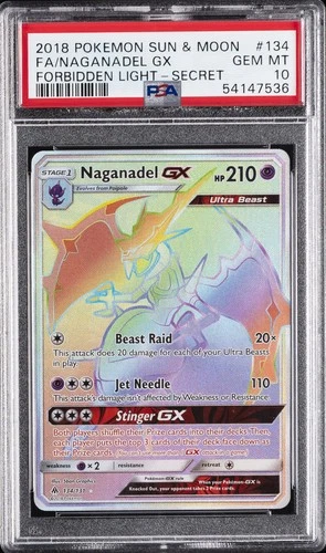 2018 POKEMON SUN & MOON FORBIDDEN LIGHT SECRET #134 FULL ART/NAGANADEL GX PSA 10