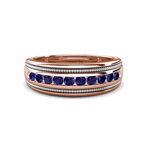 Blue Sapphire 2 Toned & High Polished Edges Men Wedding Band 14K Gold JP:322834 - Picture 12 of 16