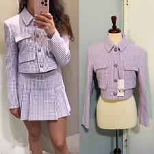 Blazer Zara Bloggers Fav bianco lilla testurizzato cropped con spalline taglia L