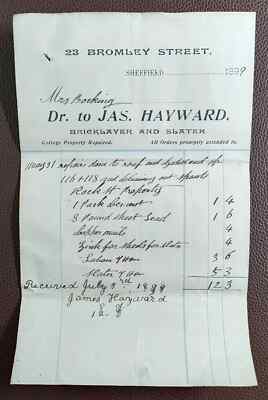 1899 Jas. Hayward, Bricklayer & Slater, 23 Bromley Street, Sheffield Invoice