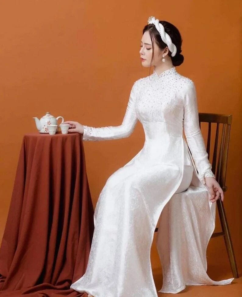 White Ao Dai Vietnamese Gam Beaded Long Dress with Matching Color Pants G81