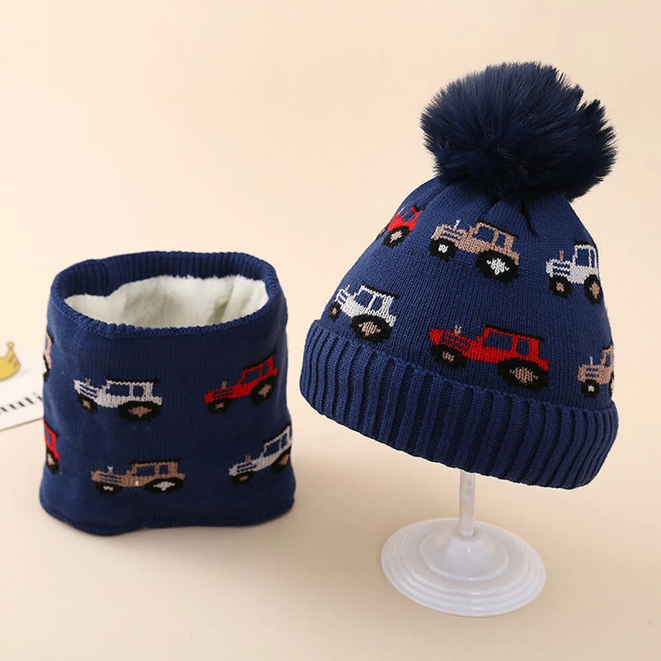 Boys Cartoon Car Fleece Lined Beanie Winter Hat Neck Warmer Scarf Knitted Hat - Image 4 of 4