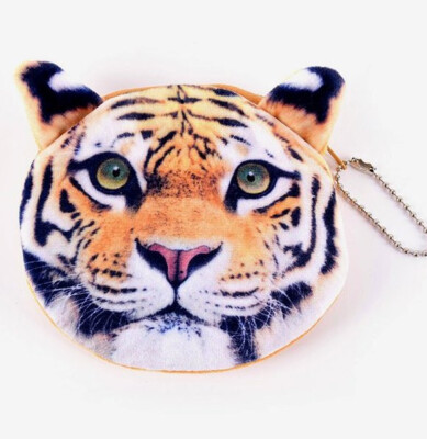 Tiger Face With Ears Plush Zipper Coin Purse Gold Beige Brown Spots 4.5'' x 4.5''