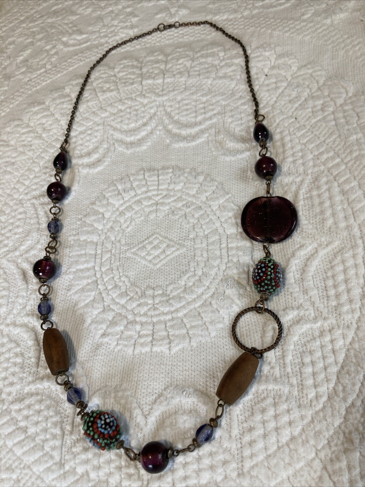 Rustic beaded necklace offset multicolor purple n… - image 1