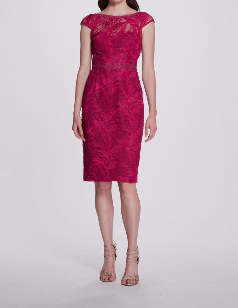 $695 Marchesa Notte Women's Pink Lace Boat Neck Fauna Sheath Dress Size 6