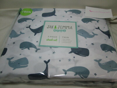  NEW Jak & Jemma Home 3 Piece Twin Sheet Set  WHALE ~ Gray Grey/Dark Navy NIP