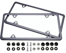 2PCS SLIM BLACK STAINLESS STEEL LICENSE PLATE FRAME SCREW CAP /SLIM 4 HOLE BF-2