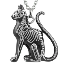 Stainless Steel Black Cat Necklace Feral Bones Pendant Silver Tone