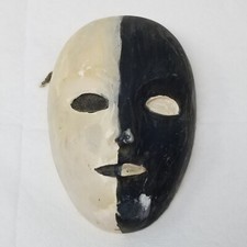 Black and White Harlequin Plaster Mask Signed Leah Salkoff Wall Hanging