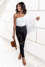 NEW HERE YOU COME AGAIN WHITE FRINGE ONE SHOULDER BODYSUIT FINAL SALE