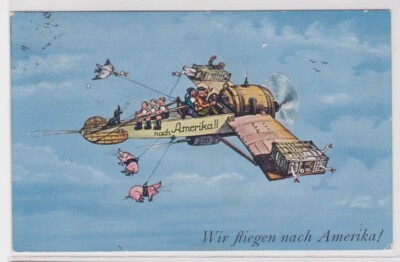 66609 Humor Postcard ''We're Flying to America!'' 1929